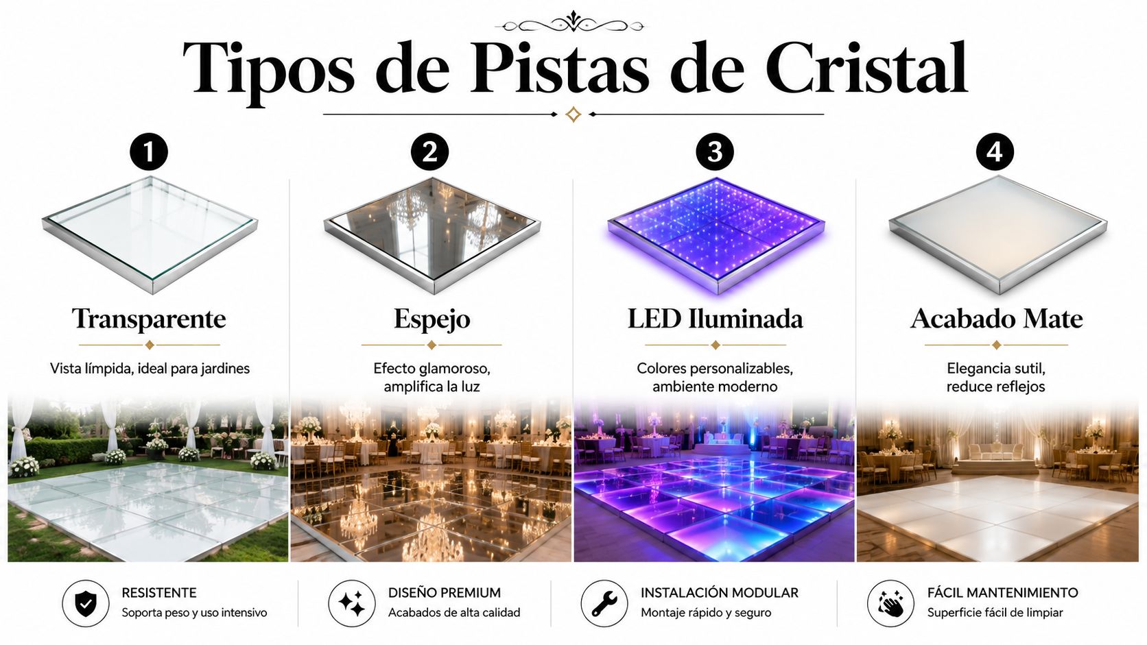 Cuatro tipos de pistas de baile de cristal: transparente, espejo, LED iluminada y acabado mate para eventos.