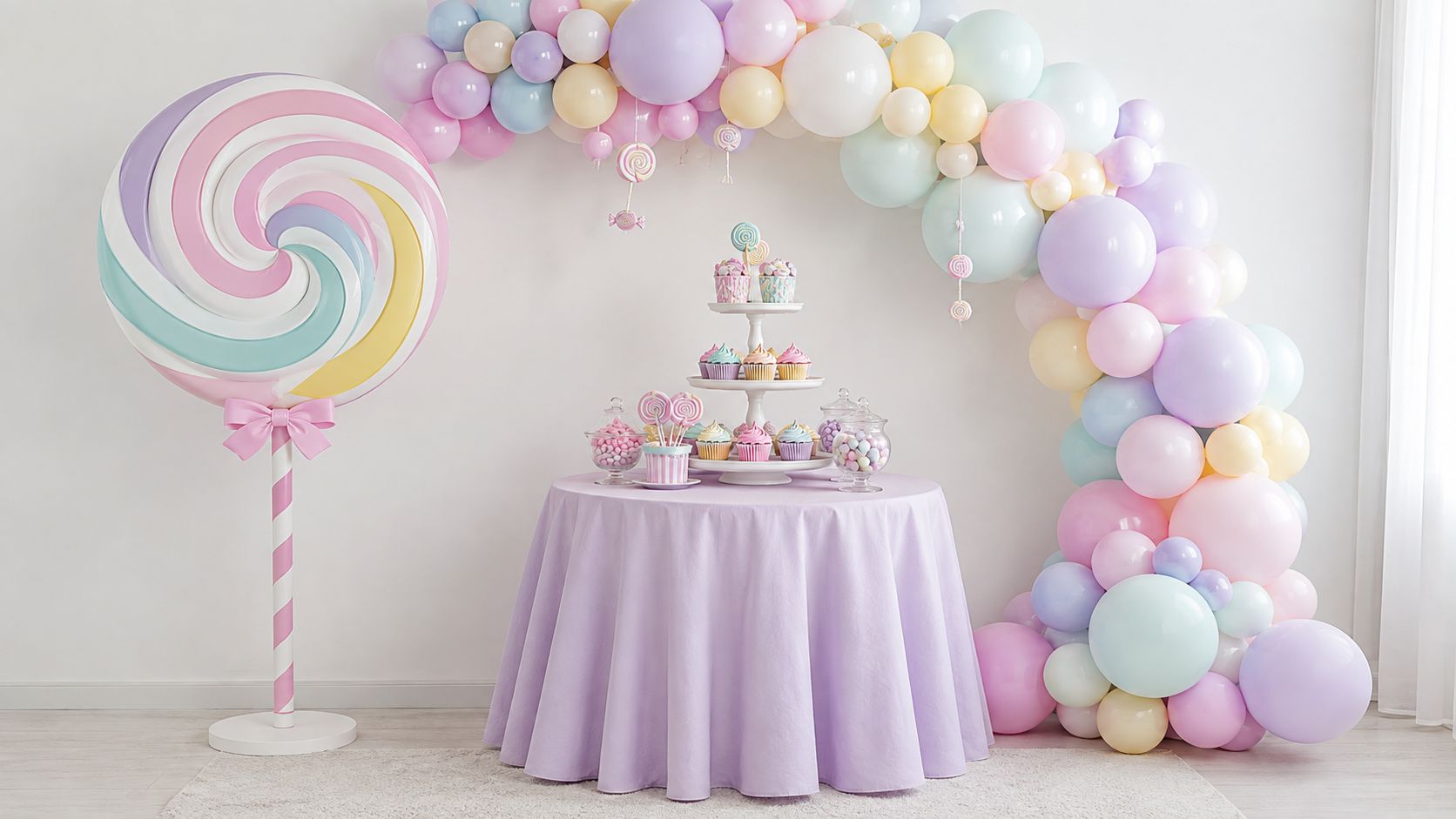 Decoración de mesa para fiestas infantiles con globos pastel, cupcakes, dulces y una piruleta gigante decorativa.