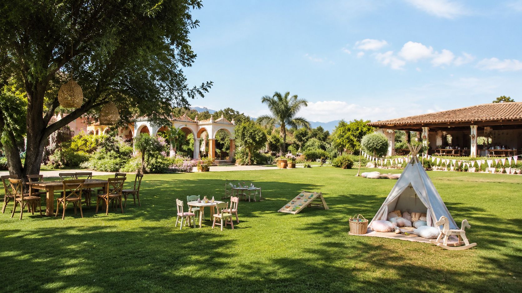 Un jardín amplio decorado para una fiesta infantil con una tienda tipi, mesas pequeñas y sillas de madera.