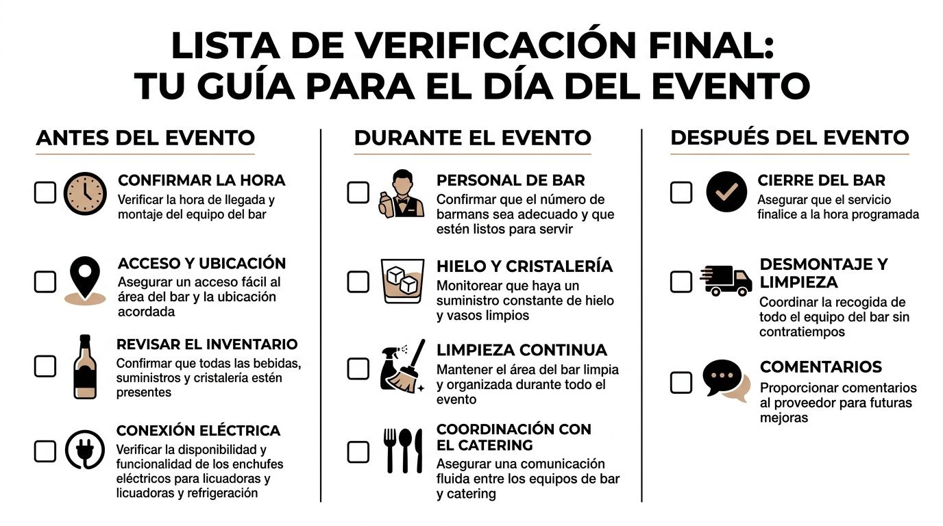 Lista de verificación para la gestión y organización del servicio de barra durante eventos corporativos o sociales.