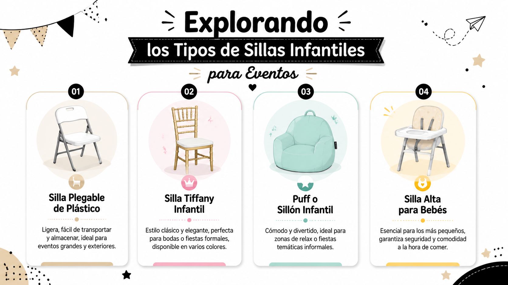Infografía sobre diversos tipos de sillas infantiles para eventos, incluyendo opciones plegables, elegantes, puff y sillas altas.