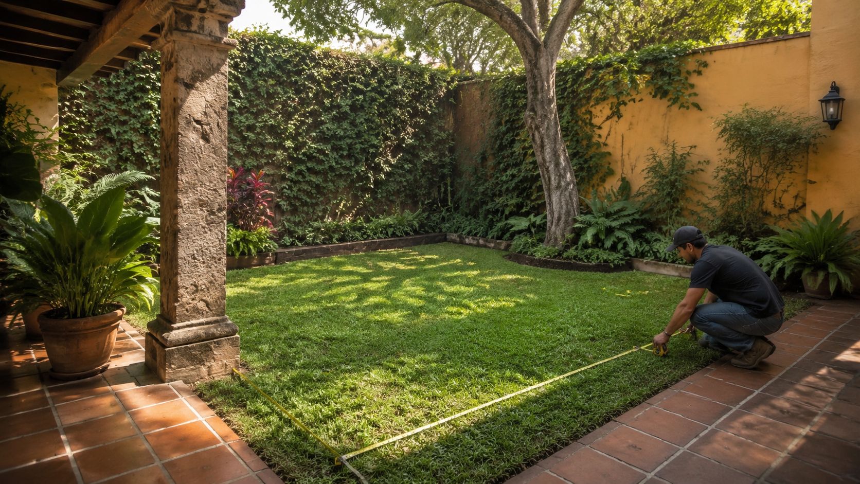 Un hombre midiendo el césped de su jardín con una cinta métrica para calcular su área total.