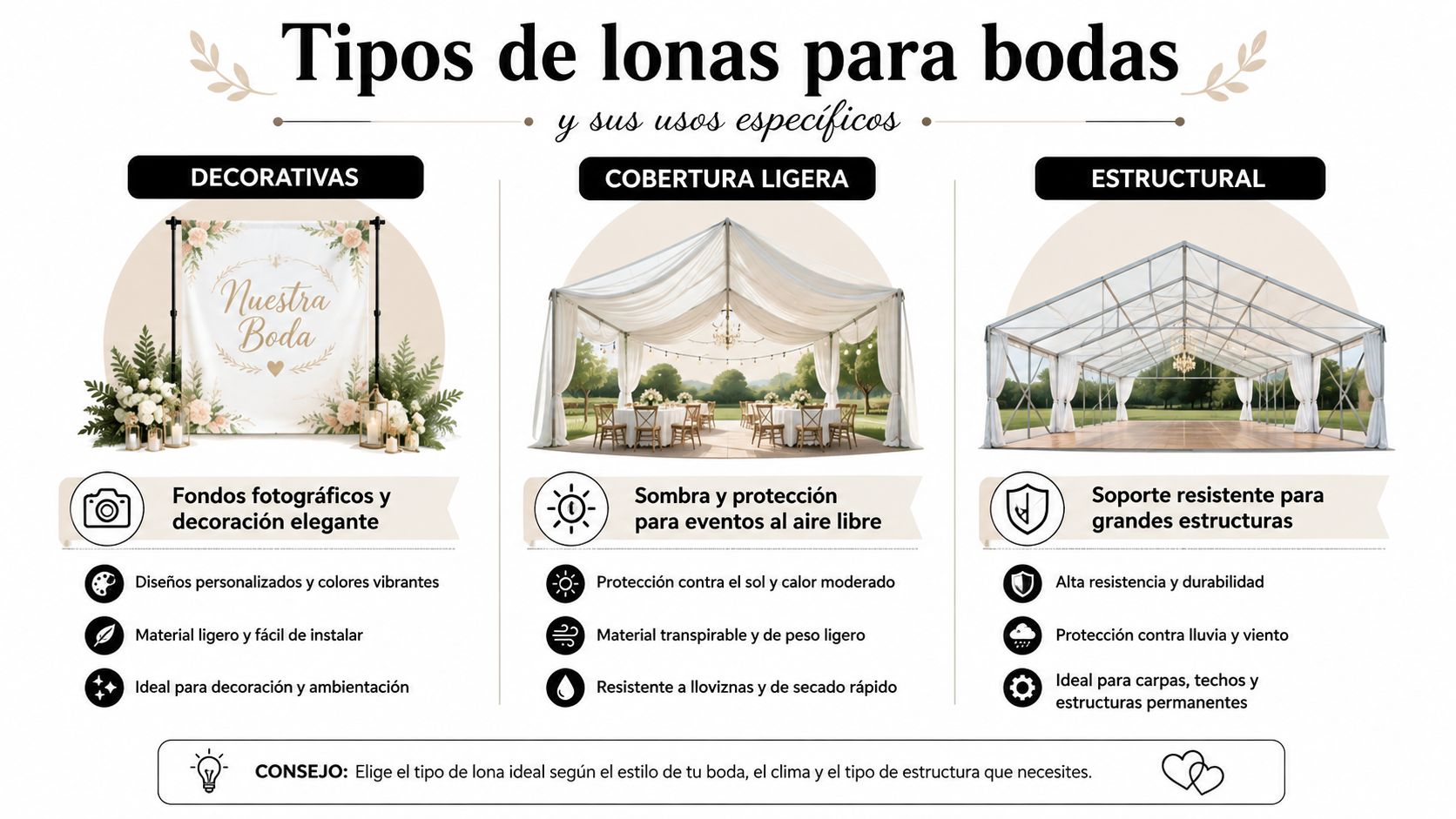 Infografía sobre los tipos de lonas para bodas, incluyendo modelos decorativos, de cobertura ligera y estructurales.