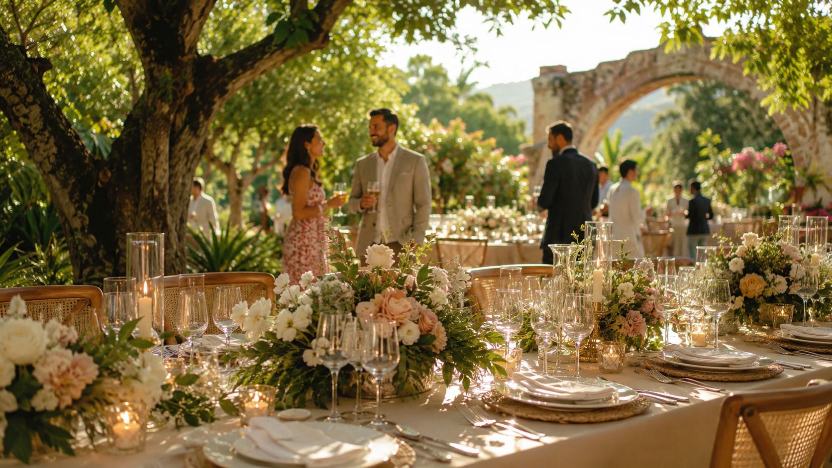 Una elegante recepción de boda al aire libre con mesas decoradas con flores y parejas conversando.