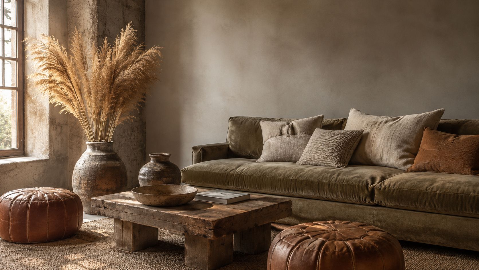 Sala de estar estilo rústico con un sofá de terciopelo verde, muebles de madera y decoración cálida.