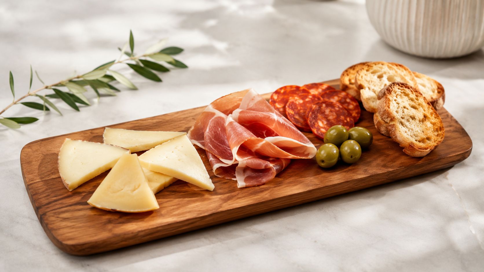 Tabla de madera con una selección de embutidos, queso cortado en cuñas, aceitunas y rebanadas de pan tostado.