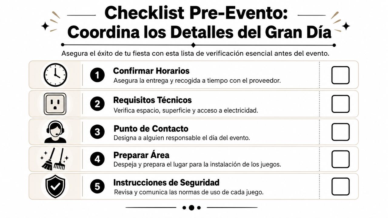 Lista de verificación para la planificación y coordinación de eventos y renta de juegos infantiles.