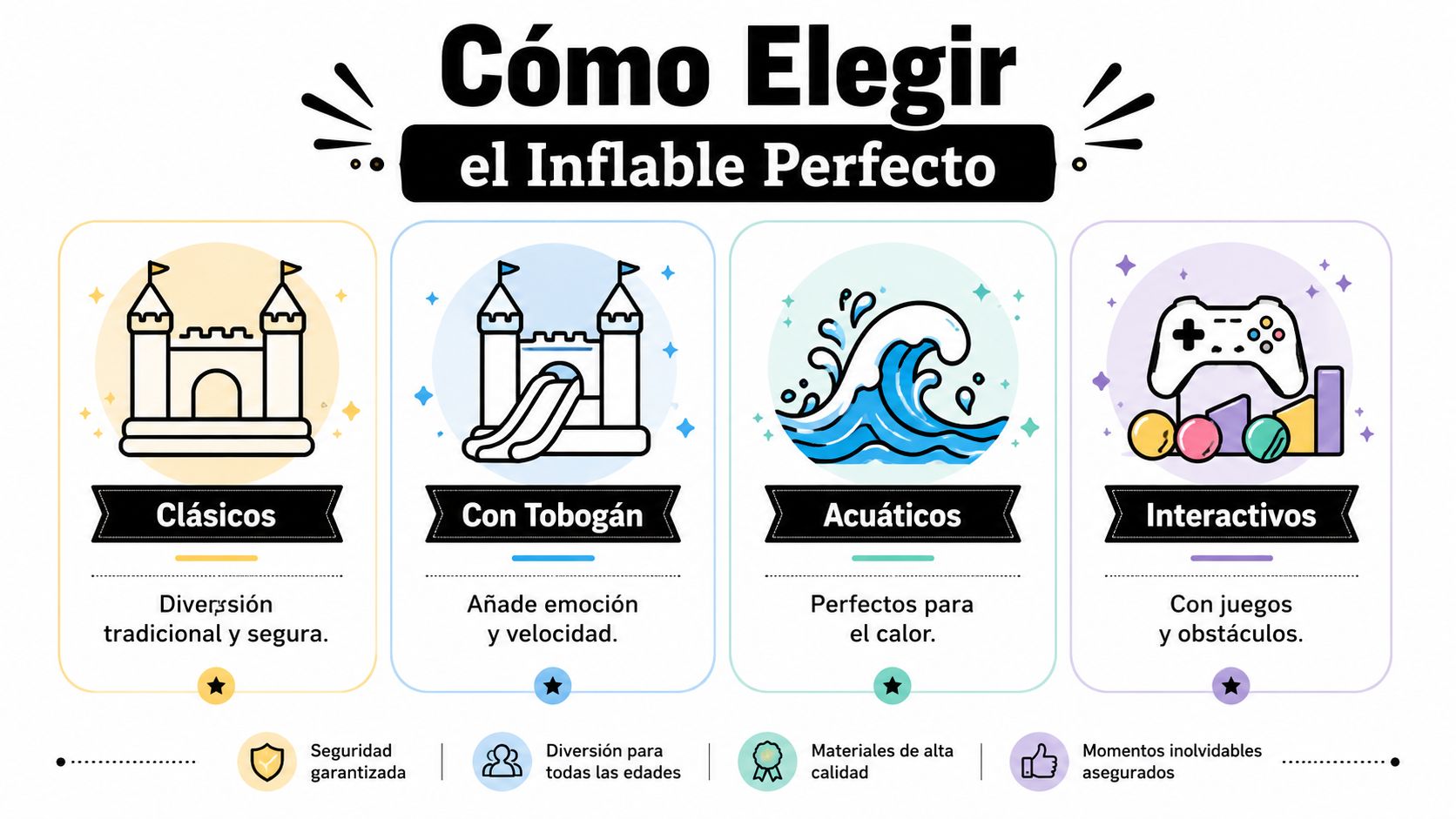 Infografía sobre cómo elegir el castillo inflable perfecto según sus características y el tipo de evento.