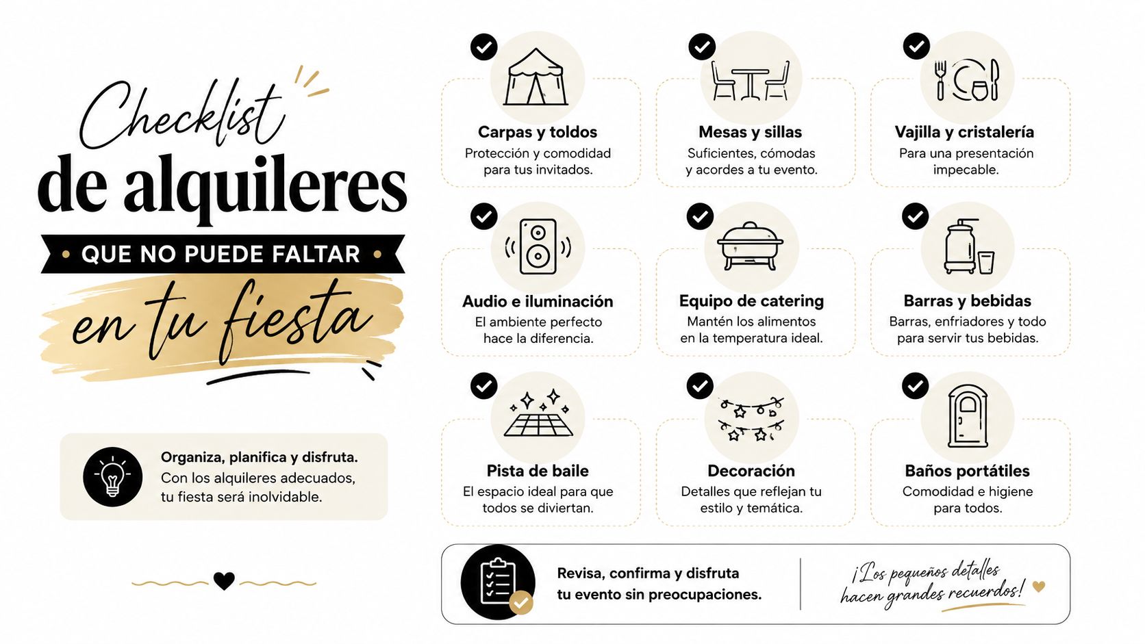 Lista de control para organizar eventos que muestra alquileres esenciales para fiestas con iconos y descripciones.