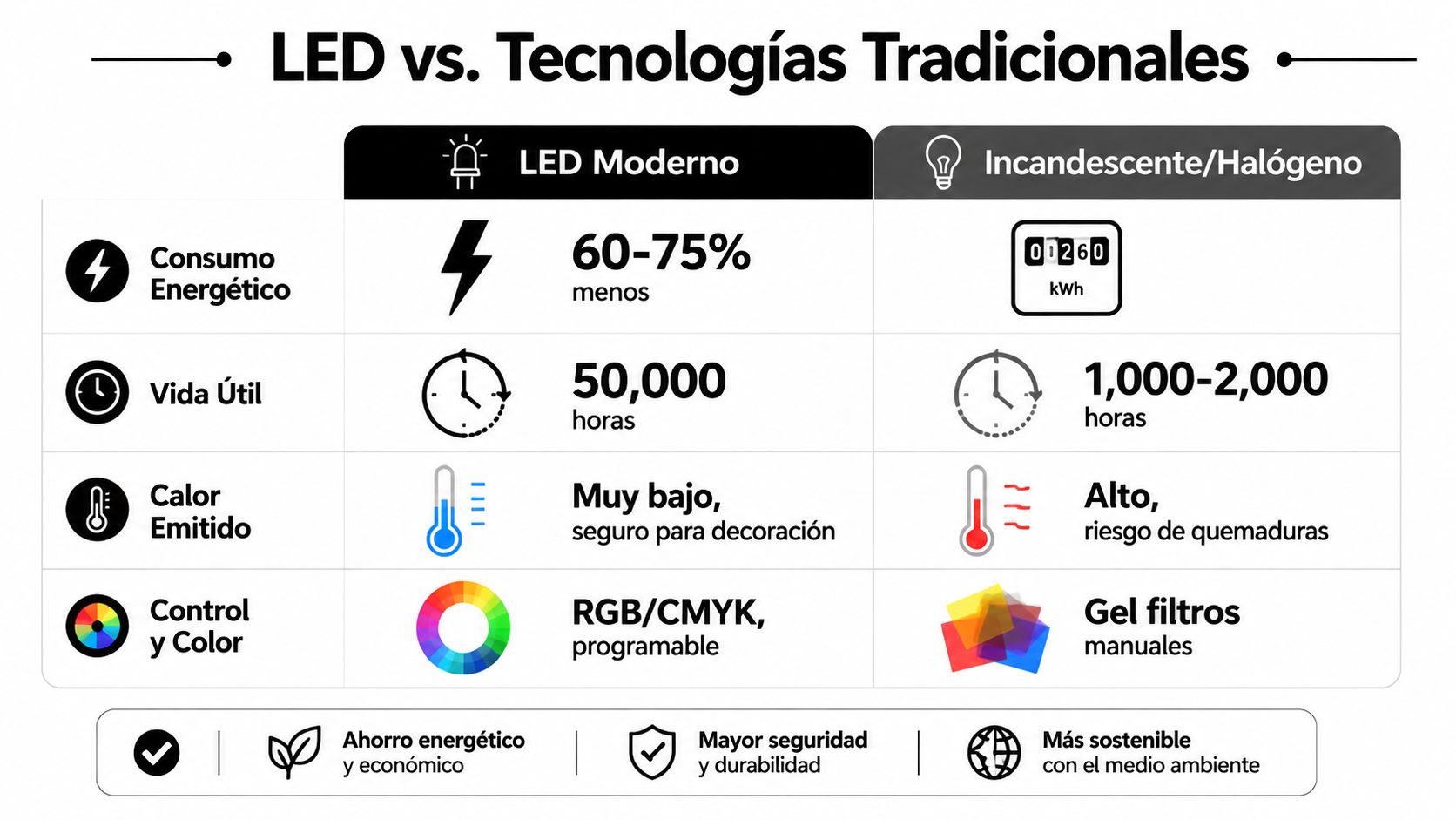 Infografía comparativa que muestra las ventajas tecnológicas, energéticas y de seguridad de luces LED frente a halógenas.