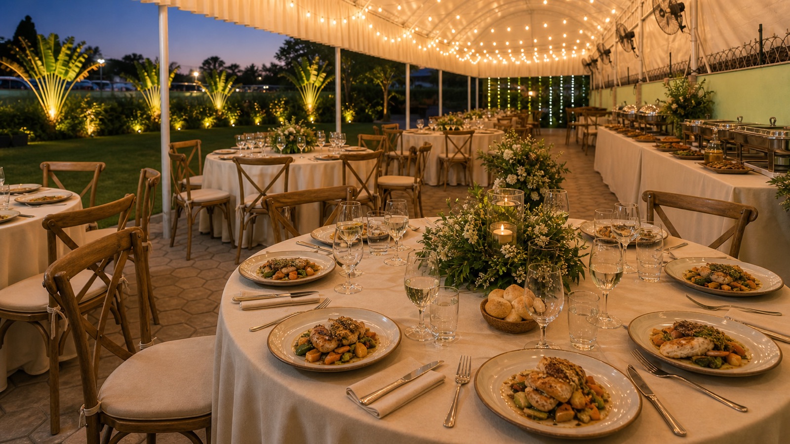 Mesa servida para cena empresarial de fin de año con buffet y jardín iluminado al fondo