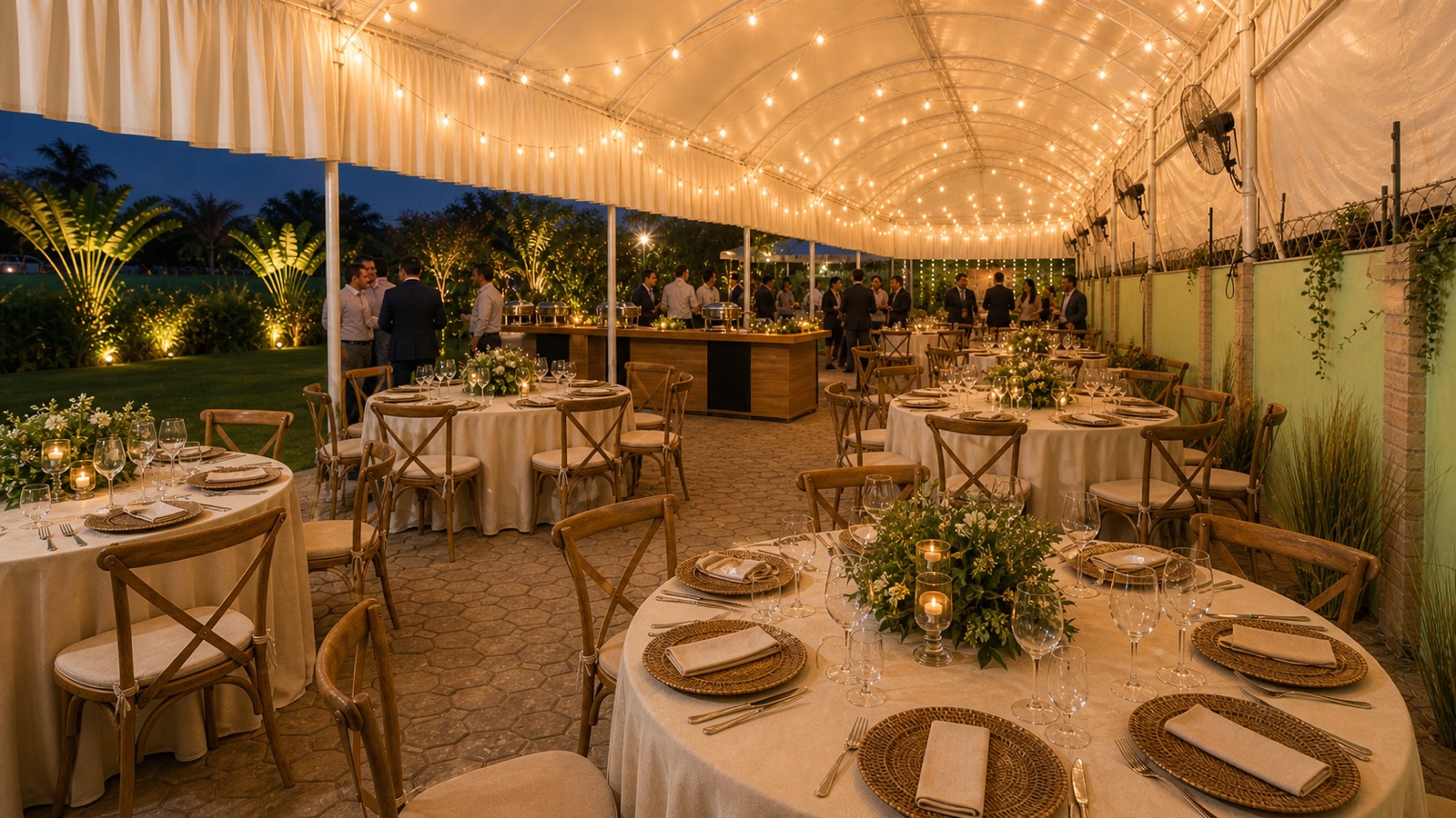Montaje con mesas, buffet y carpa iluminada para una posada empresarial en Morelos